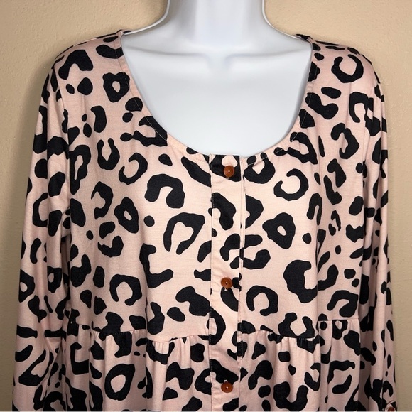 LARGE LEOPARD PRINT TUNIC DRESS TOP RUFFLE LONG SLEEVE STRETCH BLACK CREAM/PINK - Picture 6 of 12